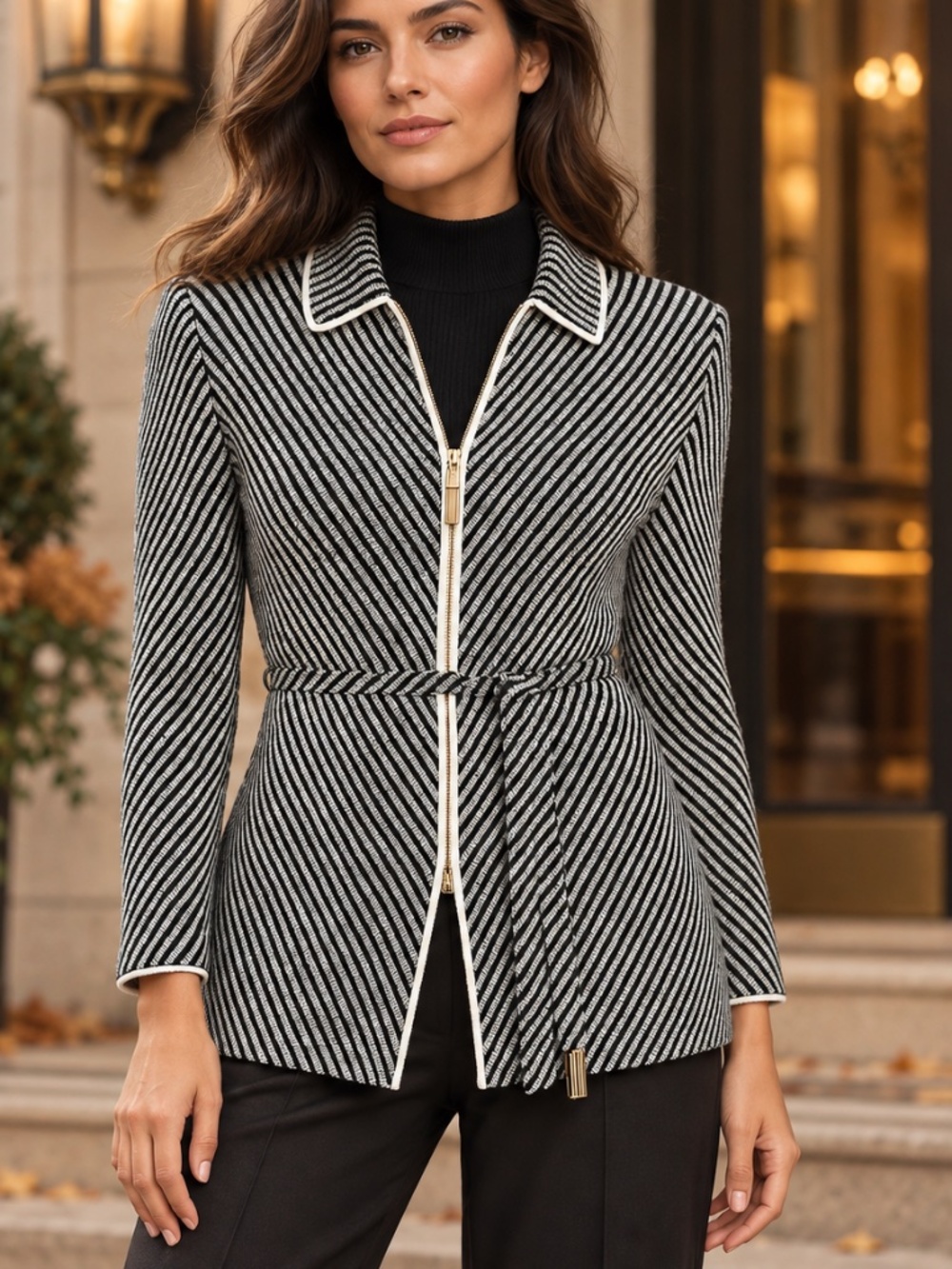 St.John Collection Black/ White Striped Zip Front Belted Blazer 🇺🇸 Made in US.